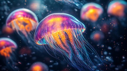 Poster - Vibrant Glow of Jellyfish in the Ocean Depths with Soft Focus Bokeh : Generative AI