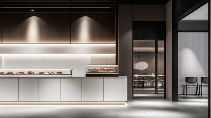 Poster - Elegant Cafe Interior Design Featuring Modern Display Case and Ambient Lighting : Generative AI