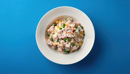 Poster - Olivier salade in a plate on a blue background