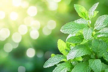 Aufkleber - Sunlit Mint Leaf Closeup with Vibrant Green Bokeh for Freshness and Organic Lifestyle : Generative AI