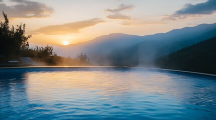 Poster - Captivating Mountain Sunset with Misty Infinity Pool Reflections for Perfect Evening Relaxation : Generative AI