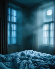 Poster - Bed with a sheet that is wrinkled and a moon in the window