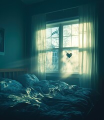 Aufkleber - Bed with a white curtain and a heart hanging from the window