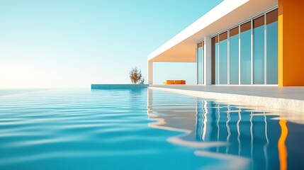 Poster - Minimalist luxury home with infinity pool and ocean sunset perfect for relaxation : Generative AI