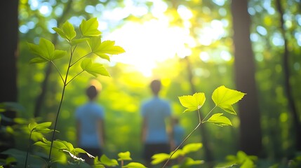 Aufkleber - Serene Forest Path with Sunlight Illuminating Vibrant Green Leaves in a Tranquil Natural Setting : Generative AI