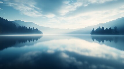 Poster - Foggy Lake at Sunrise with Mountain Background in Peaceful Atmosphere : Generative AI