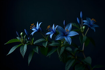 Wall Mural - elegant dark blue flowers with lush green leaves in a moody botanical composition dark background