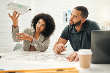 Aufkleber - Architecture, collaboration and model with business people in office together for building or construction. Blueprints, documents or planning with man and woman engineer in workplace for development