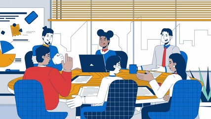Fototapete - Successful roundtable discussion cartoon animation. Negotiating team colleagues 4K video 2D motion graphic. Diverse coworkers at round table brainstorming animated characters on workplace background