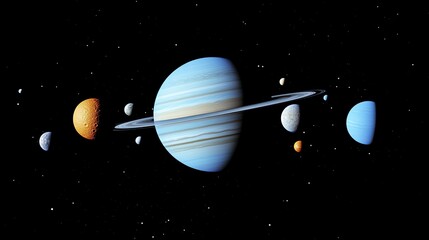Wall Mural - A view of Uranus surrounded by its moons, with the planet soft glow illuminating the scene.