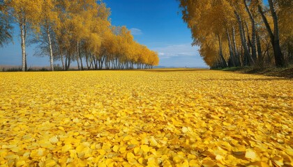 Wall Mural - Golden Autumn Leaves Covering a Path Through a Birch Tree Grove