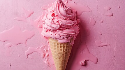 Wall Mural - Melting pink ice cream cone on textured background