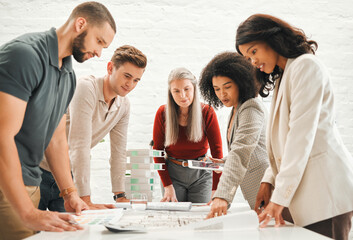 Poster - architecture, pointing and tablet with business people in office together for building or discussion