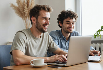 cheerful web developers working on a laptop