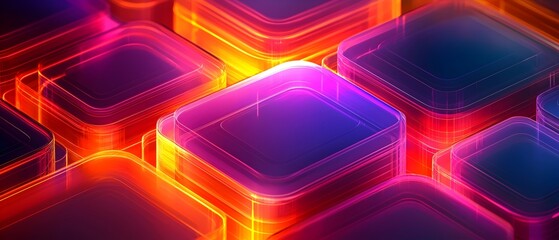 Poster - A vibrant and colorful abstract composition featuring glowing translucent cubes in shades of purple, blue, and orange, creating a mesmerizing visual effect.