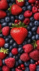 Wall Mural - Vibrant close-up of a single strawberry surrounded by an array of mixed berries against a dramatic black background