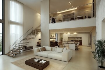 Wall Mural - Modern open-plan living room with a large window, a staircase leading to a loft, a white sofa, and a brown coffee table.