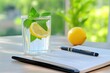 © AIproduction - A refreshing moment: glass of lemon water next to a journal and pen