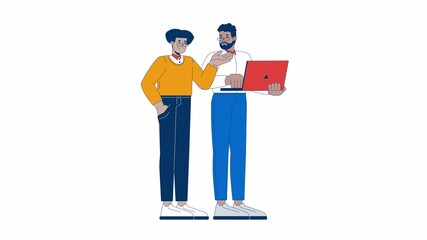 Fototapete - Office worker giving advice to coworker cartoon animation. 4K video motion graphic. Hispanic man employee sharing feedback with black male colleague animated 2D characters isolated on white background