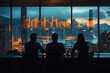 © David - Entrepreneurs reviewing stock market trends in a private office with city views.