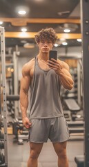 Young man flexing muscles in gym