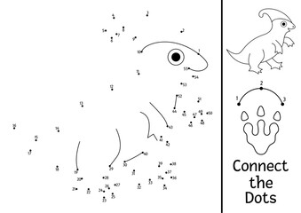 Canvas Print - Vector black and white dot-to-dot and color activity with Parasaurolophus. Dinosaur connect the dots game, coloring page. What join the dot printable worksheet. Prehistoric line puzzle