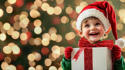 Wall Mural - Playful Holiday Spirit: A cheerful little elf in a red and green ensemble, with a bright red hat, leaning slightly forward in profile while joyfully presenting a white box with a big red bow.