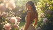 © Alex - A woman in a beautiful garden surrounded by blooming flowers. She looks back with a serene expression, dressed in soft fabric.