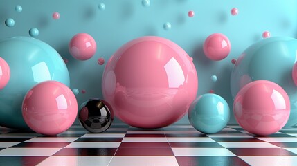 Poster - shiny bubbles on checkered floor illustration. stylish geometric shapes decoration wallpaper scene a