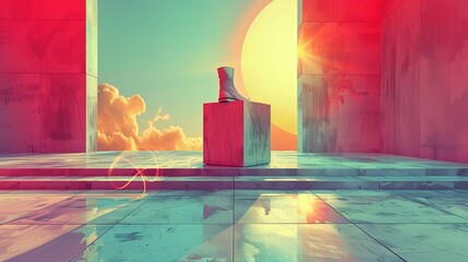 Poster - cube podium with boot against sunny sky illustration. surreal fashion showcasing wallpaper scene art