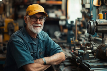 Poster - Portrait of a skilled lathe operator in a bustling workshop setting