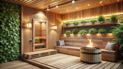 Sticker - Modern Sauna Interior Featuring Wooden Elements and Vibrant Greenery. Generative AI