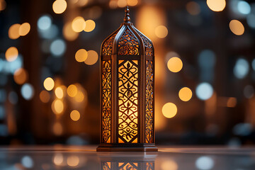 Islamic ramadan kareem celebration lantern with beautiful bokeh lights in the background.