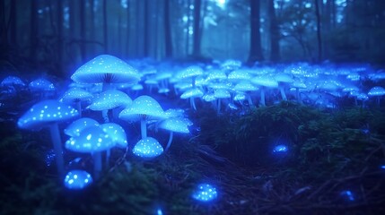 Poster - Bioluminescent mushrooms illuminate a mystical forest at night