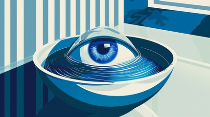 Poster - tranquil blue eye watching from water bowl background image. surreal surveillance flat colorful illu