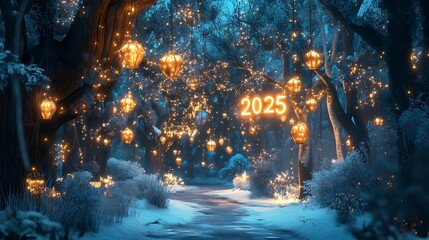Poster - Magical forest illuminated by lanterns at midnight welcoming the year 2025 with a serene atmosphere