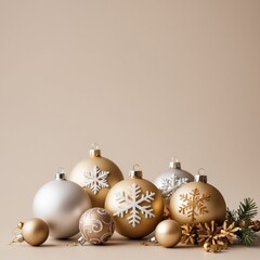Wall Mural - Festive gold Christmas vertical decorations including baubles and a snowflake on a neutral beige surface creating a sophisticated holiday atmosphere copy space