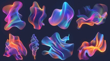 Poster - collection of vibrant flowing neon meshes 3d rendering image. array of wavy shapes. futuristic fluid