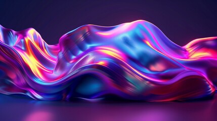 Poster - shiny iridescent fabric waves 3d rendering image. flowing bright hues undulating shapes background w