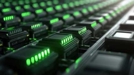 Poster - Slow camera movement in a data center, showcasing server equipment with light indicators blinking, close-up. Perfectly seamless, photorealistic 3D animation loop