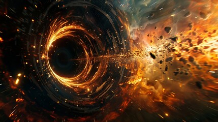 Poster - Stellar disruption cosmic debris 3d rendering image. Mesmerizing view of black hole. Sparks and particles fly. Universe galactic background wallpaper realistic. Deep space concept idea