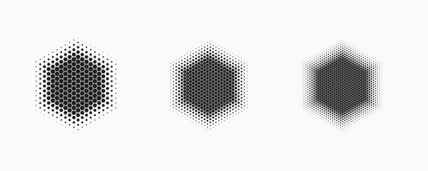 Poster - set of dotted abstract shapes. hexagonal halftone pattern. half tone design elements in geometric te