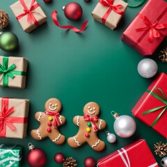 Wall Mural - Colorful Christmas presents and decorations on green background, featuring gingerbread man, festive ribbons, and ornaments to celebrate the holiday 