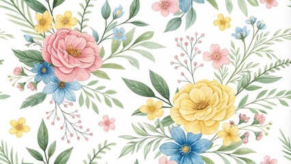  Watercolor Floral Pattern with Pink, Yellow and Blue Flowers on White Background, floral ,pattern