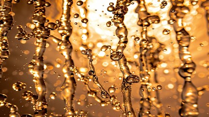 Poster - Glowing golden water droplets captured in mid-air motion 3d rendering image. Light reflections, abstract background wallpaper colorful realistic. Warm dynamic composition concept idea