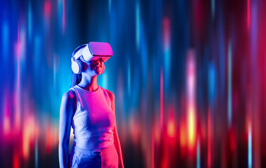 Sticker - Smart female standing surrounded by neon light wearing VR headset connecting metaverse, future cyberspace community technology. Elegant woman looking faraway and smiling satisfactorily. Hallucination.