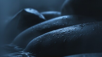 Poster - Serene water droplets resting on smooth dark surfaces 3d rendering image. Abstraction illuminated by cool blue lighting background wallpaper realistic. Tranquil minimalist concept idea