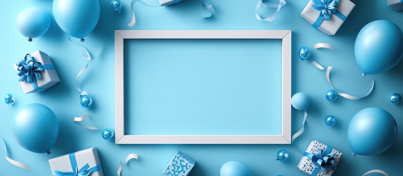 White frame surrounded by blue balloons and gifts on blue background.