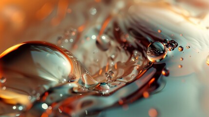 Aufkleber - abstract liquid with golden hues 3d rendering image. macro shot of fluid floating bubbles with orang