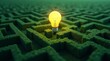 © Alex Pios - A glowing lightbulb sits at the center of a sprawling, green maze, symbolizing an idea or solution within a complex problem